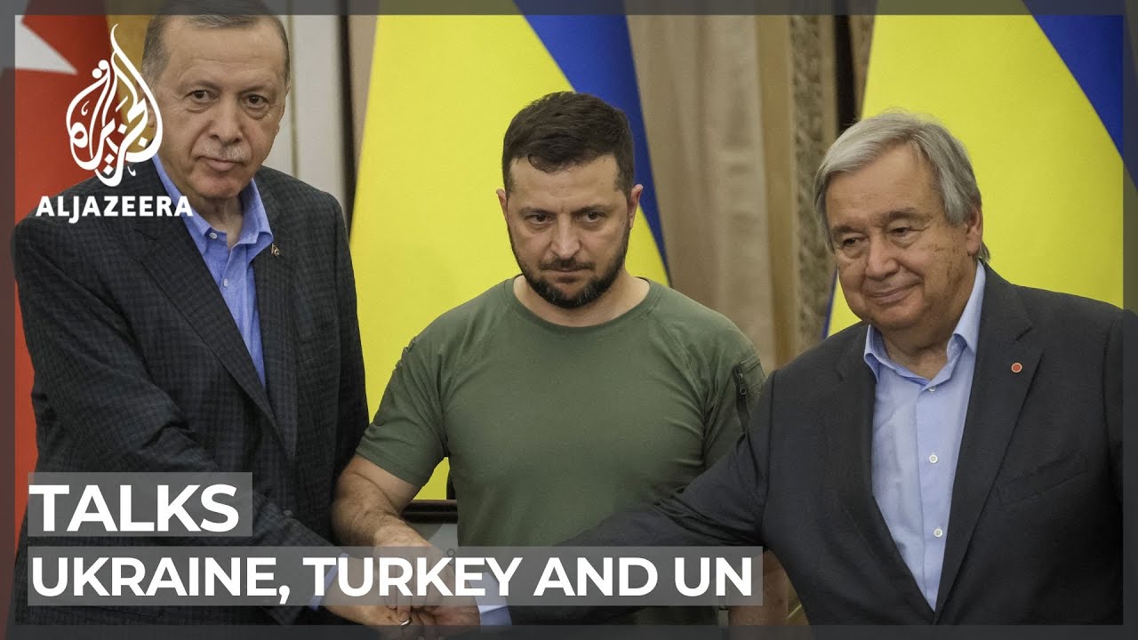 يجتمع زيلينسكي وأردوغان وغوتيريش، رئيس وزراء أوكرانيا، في مدينة لفيف الأوكرانية.