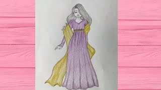 رسم سهل | تعليم رسم بنت مع فستان طويل سهل خطوة بخطوة بالالوان الخشبية للمبتدئين | تعليم الرسم