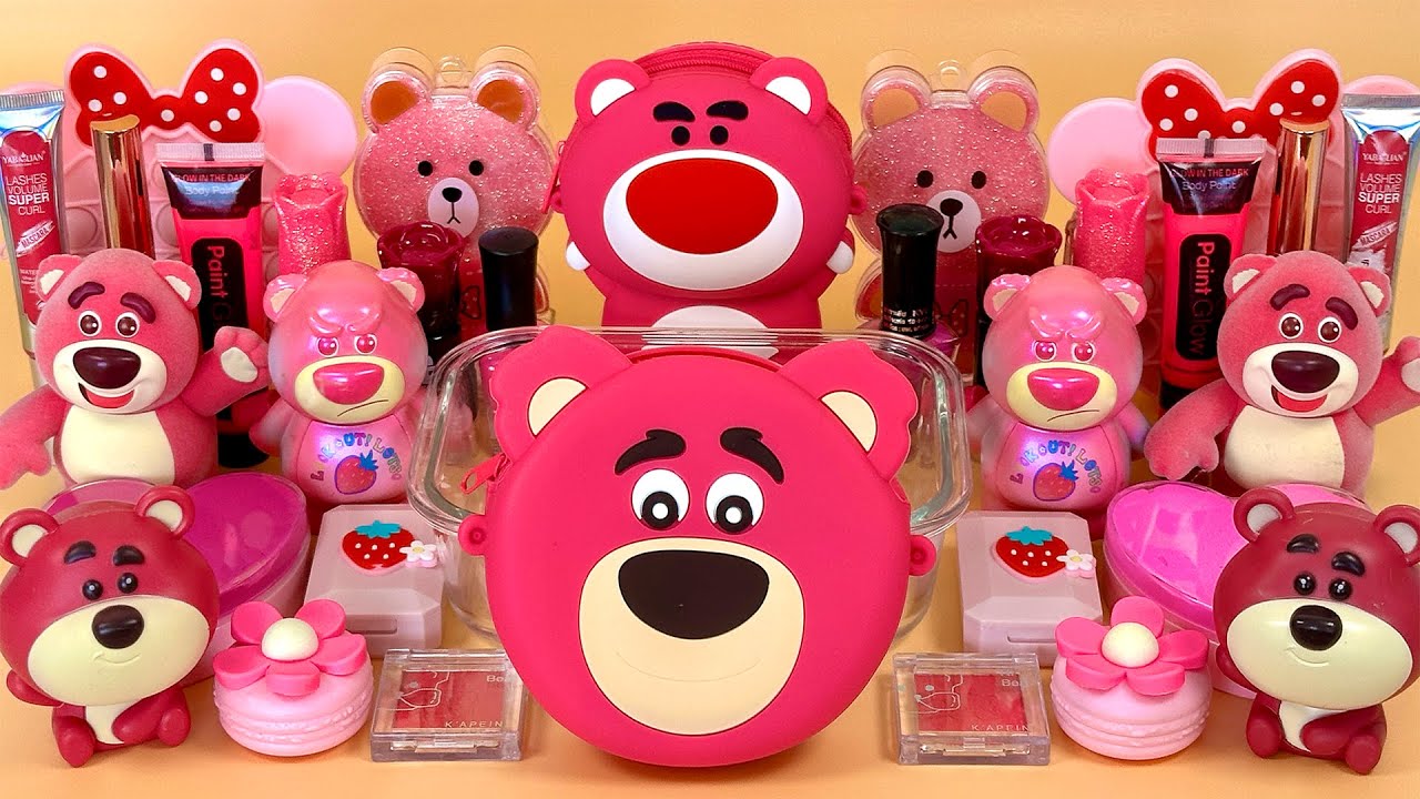 Strawberry BEAR SLIME | Mixing Makeup, Glitter and Beads into Clear Slime. | ASMR Slime.