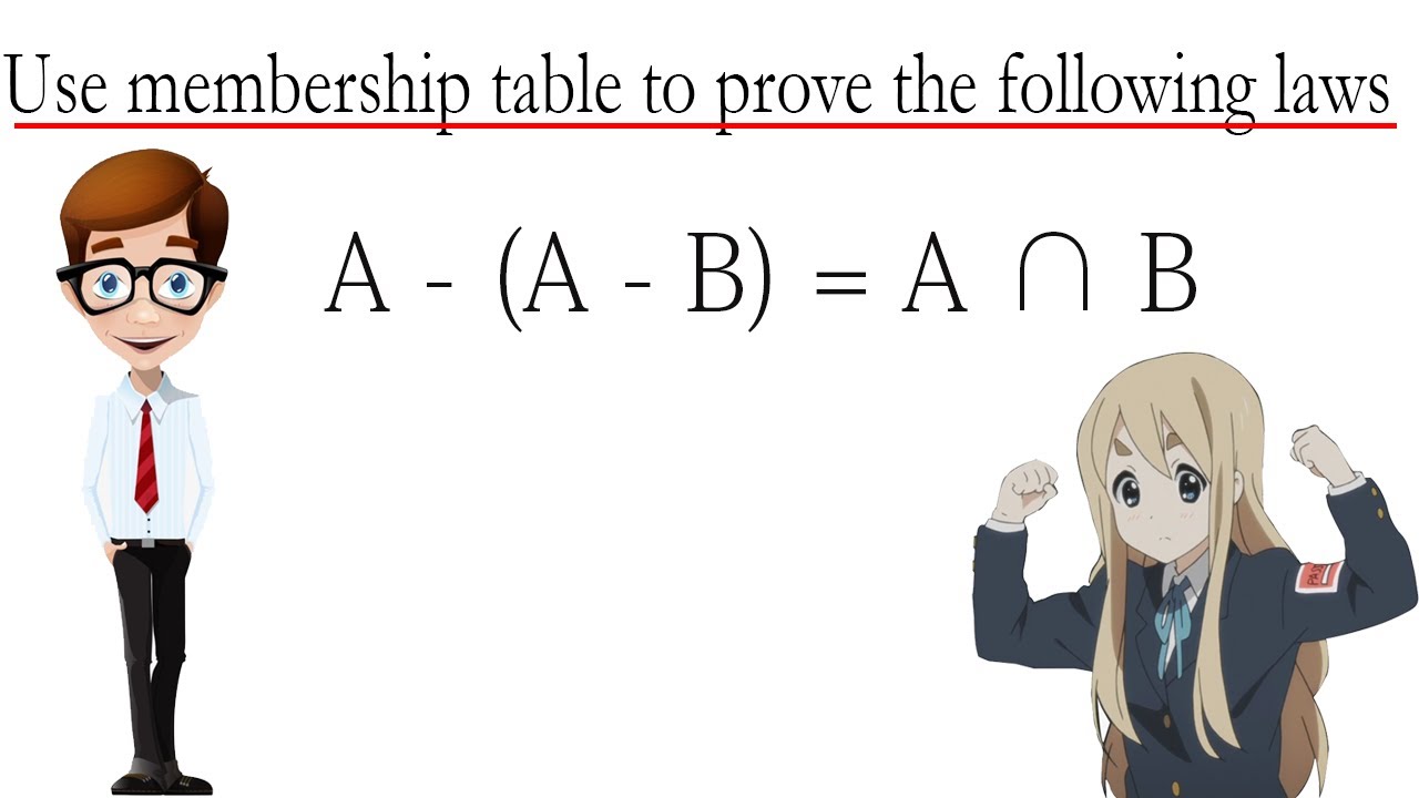 Use membership table to prove the following laws A - (A - B) = A ∩ B ...