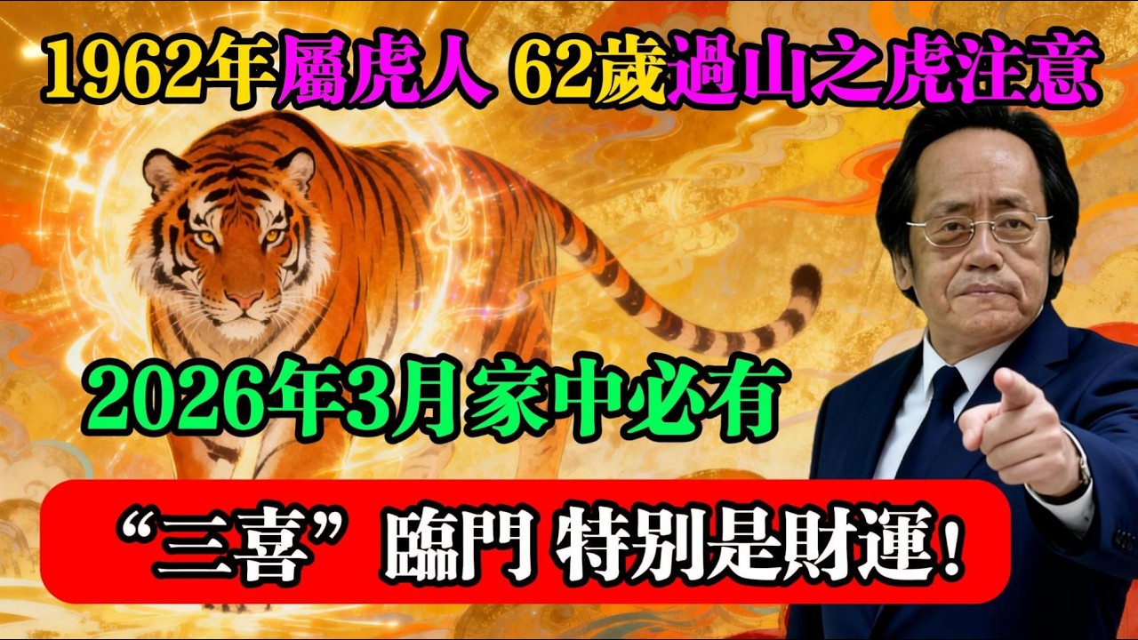 1962年屬虎人：62歲“過山之虎”注意！2026年3月家中必有“三喜”臨門，特別是財運！#倪海廈 #屬虎運勢 #生肖運勢 #丙午年 #易經智慧 #命理分析 #生肖虎 #2026運勢