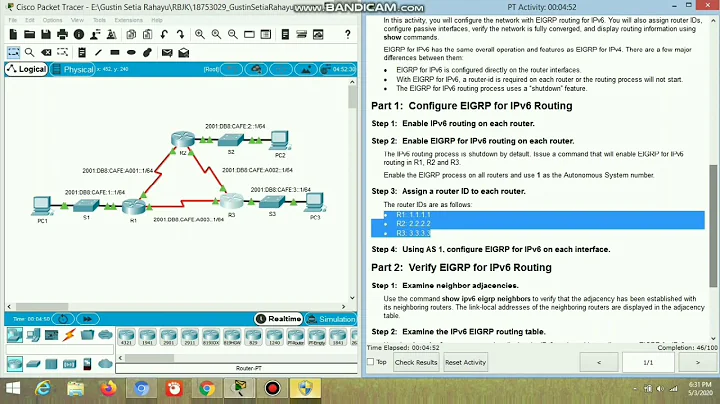 6.4.3.4 Packet Tracer - Configuring Basic EIGRP with IPv6