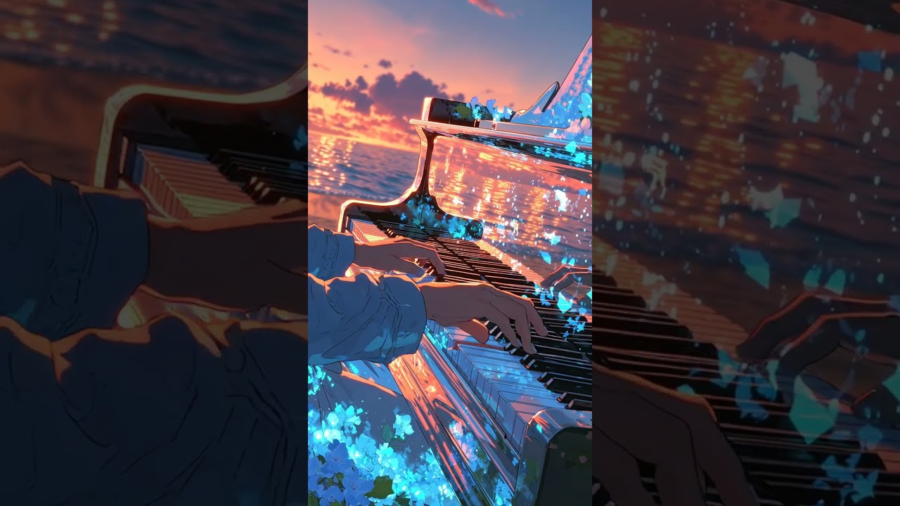 close-up of a 17-year-old girl's hands gracefully playing the piano, fireworks reflecting on the ...