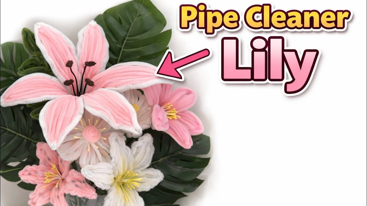 DIY how to make lily flower with pipe cleaner طريقة وردة الليلي بأعواد المخمل بايب كلينر