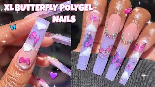 XL OMBRE BUTTERFLY POLYGEL NAILS 🦋💜 | BEGINNER FRIENDLY SUMMER NAIL ART | NAIL TUTORIAL