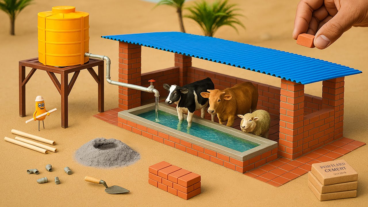 Diy Mini Bricks Cow Shed With Water Tank | Miniature Construction Science Project @sanocreator 
