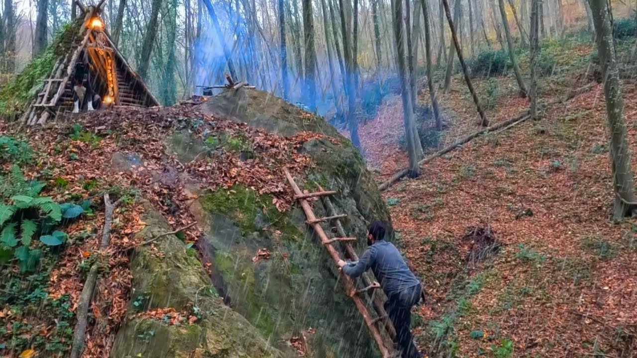 3 Days SOLO SURVIVAL CAMPING In RAIN - Building a Bushcraft Cliff