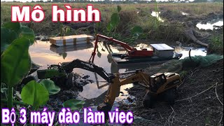 Bộ 3 máy đào làm việc sang lấp ao tôm || mô hình scanle