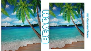 Tropical Beach Acrylic Painting for Beginners/How to Paint Easy Beach and palm trees