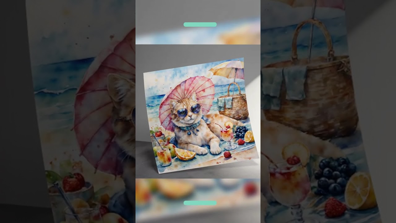 Cat in Sunglasses Beach Art, Watercolor Painting, Cat Wall Decor, Fun Summer Wall Art, High Resol...