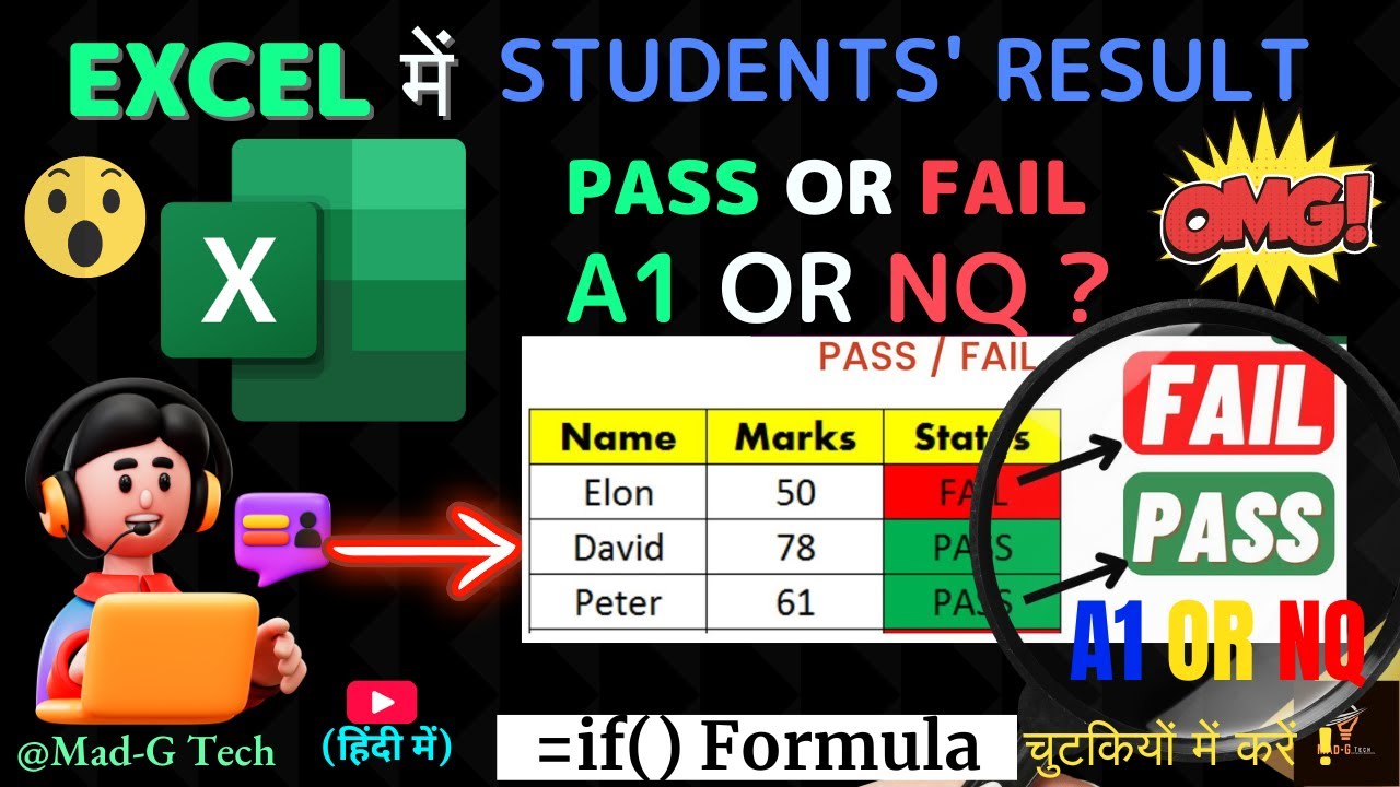 Students Result Grade Percentage Pass/Fail in Excel | Student Result ...