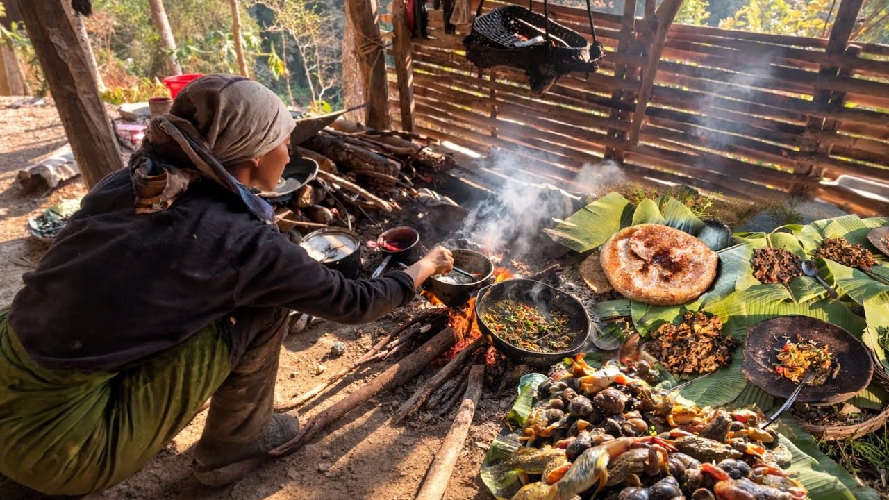 Naga village girl cooking delicious food with organic vegetables at forest
