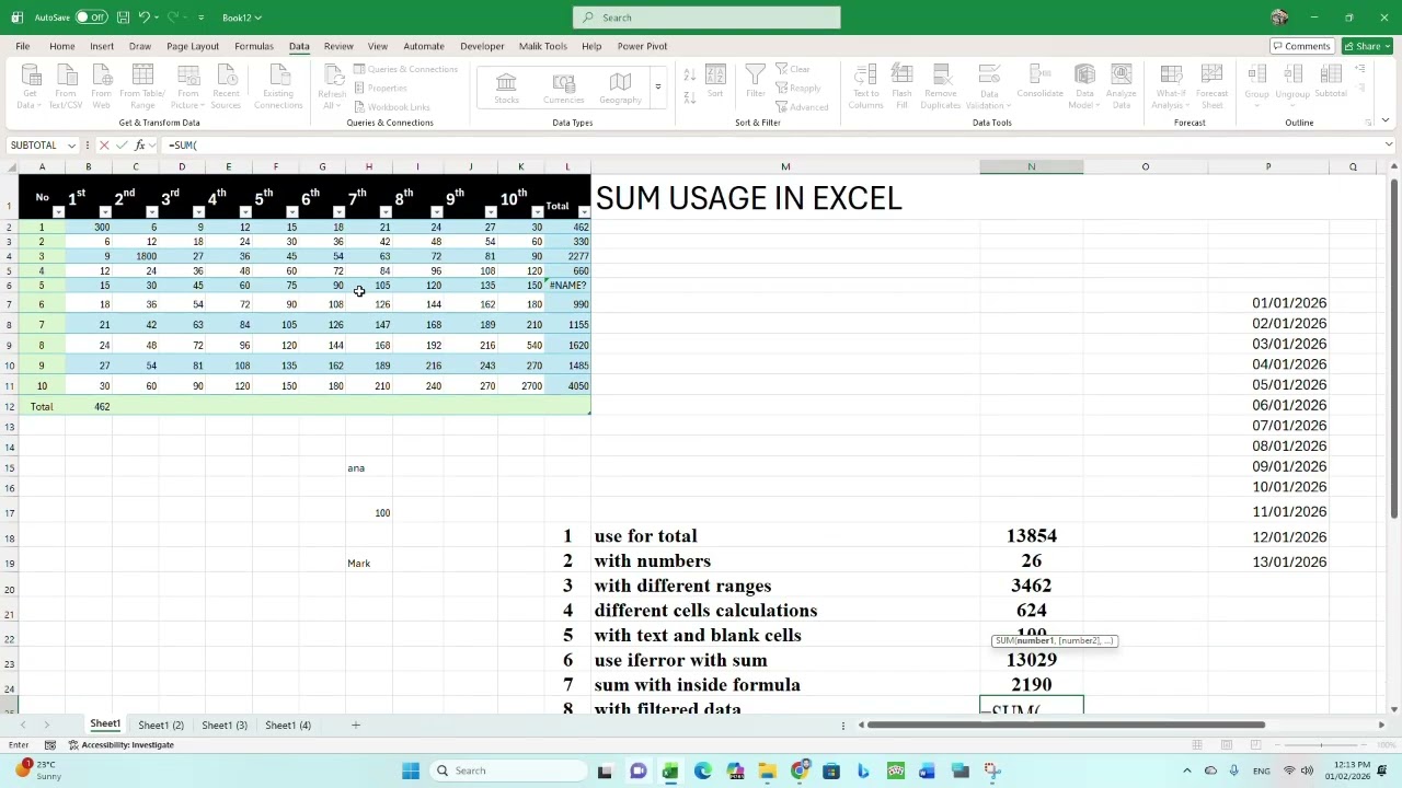 Sum function along with examples