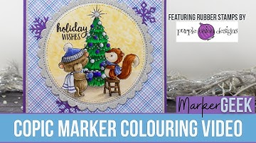 Copic Colouring Christmas Tree Decorating Scene - Purple Onion Designs Sweetest Little Town stamps
