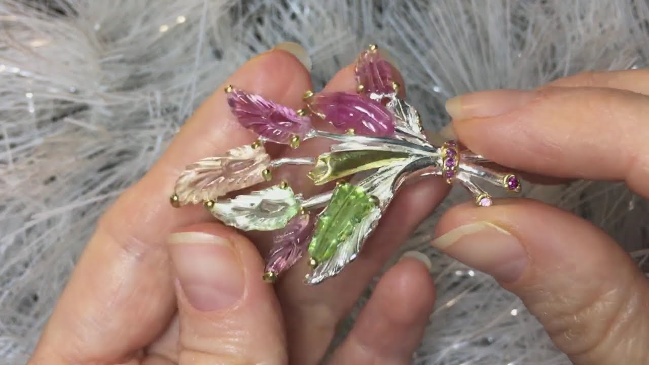 Серебряная брошь/кулон из резного турмалина 22 кт