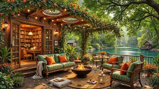 Good Mood with Soft Jazz Music | Crackles Fireplace at Warm Lakeside Porch Ambience for Study screenshot 5