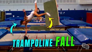 Gymnast Bounces off a Cushion and Falls Outside the Trampoline