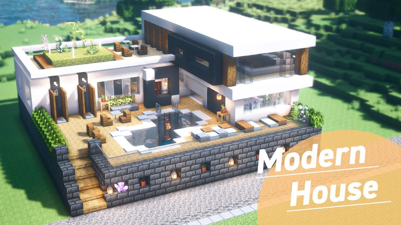 【マイクラ建築】プールに屋上デッキ、サウナも!おしゃれなモダンハウスの作り方