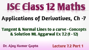 ISC Class 12 Maths | Application of Derivatives | Tangent and Normal to a curve | ML Ex 7.2 Q 1-12 |