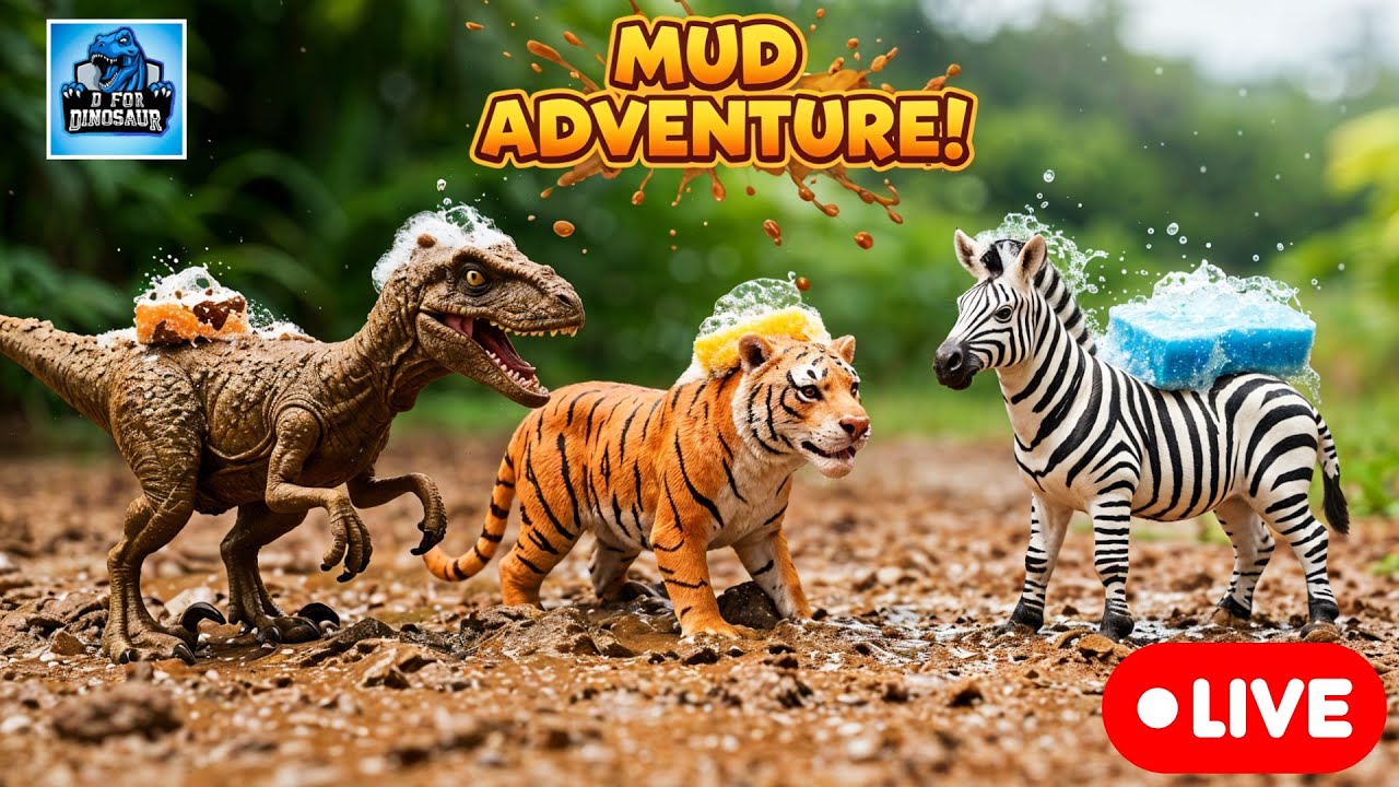 Velociraptor, Tiger & Zebra Mud Adventure | Learn Wild & Dinosaur Animals Live
