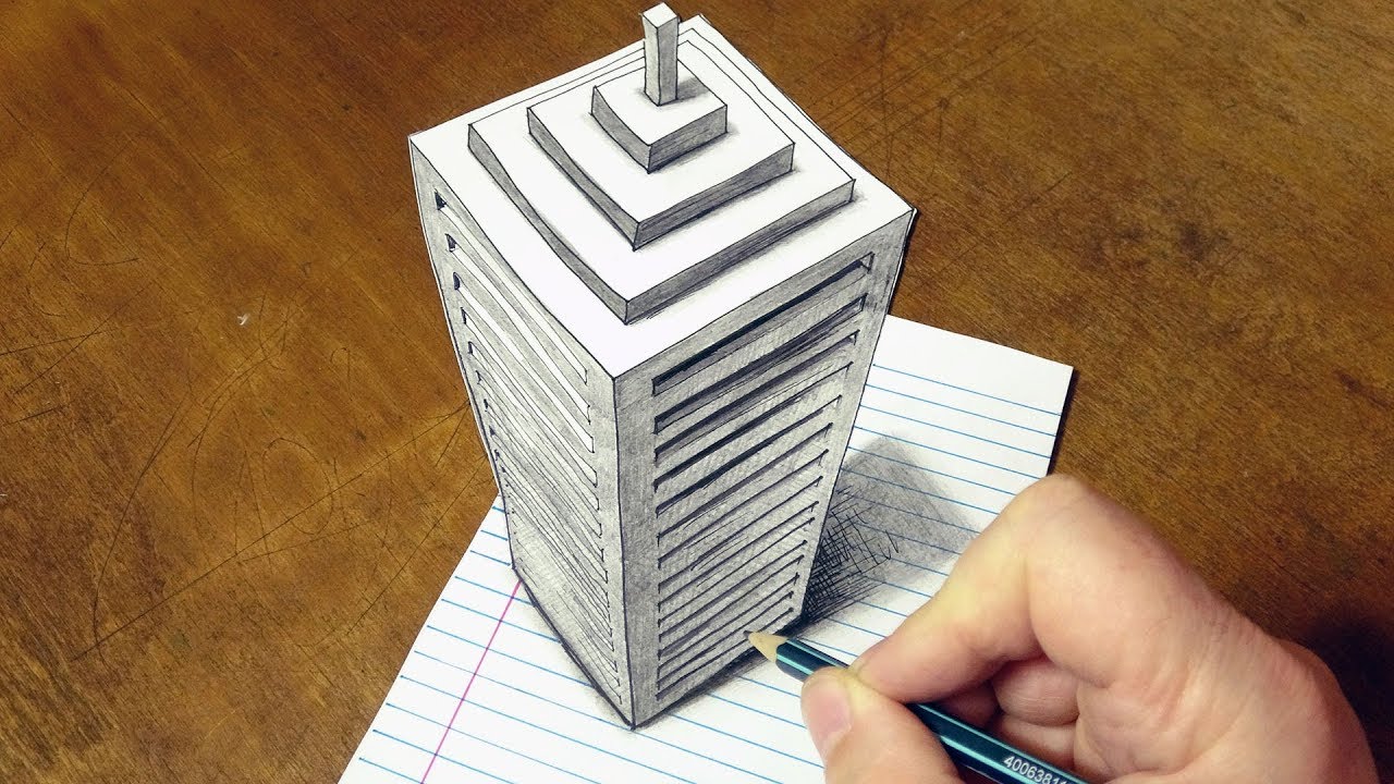 Drawing 3D Skyscraper on Line Paper - How to Draw a Big Building Illusion - By Vamos