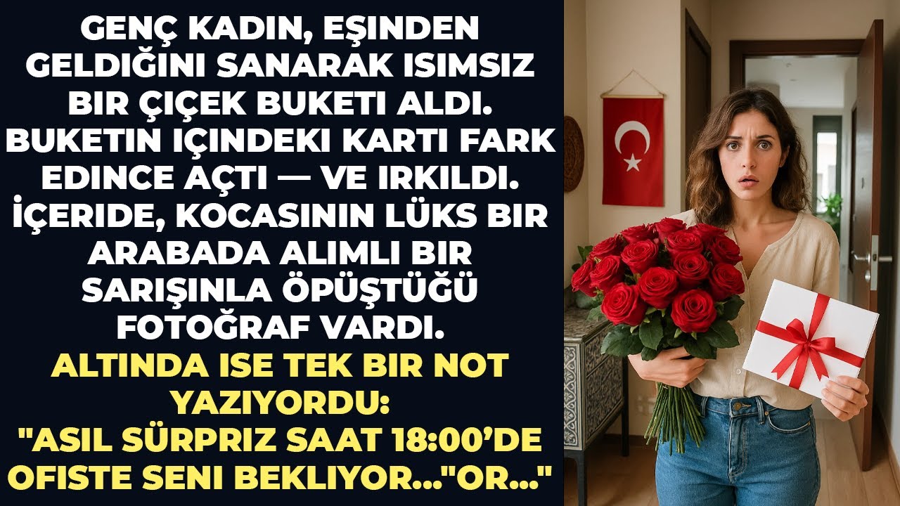 Genç kadın, eşinden geldiğini sanarak isimsiz bir çiçek buketi aldı.Buketin içindeki kartı fark...