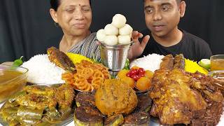 YUMMY INDIAN LUNCH EATING SHOW WITH MOTHER , CHICKEN , FISH , DESSERTS WITH FRIED RICE MUKBANG