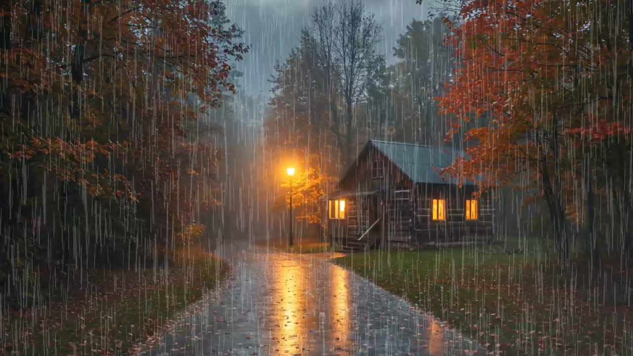 Rain for Sleep | Cozy Cabin in the Forest 🍂 Autumn Rain & Thunder Sounds for Deep Sleep 🌧️
