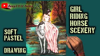 Soft pastel drawing girl riding horse scenery | Easy drawing with soft pastel screenshot 2
