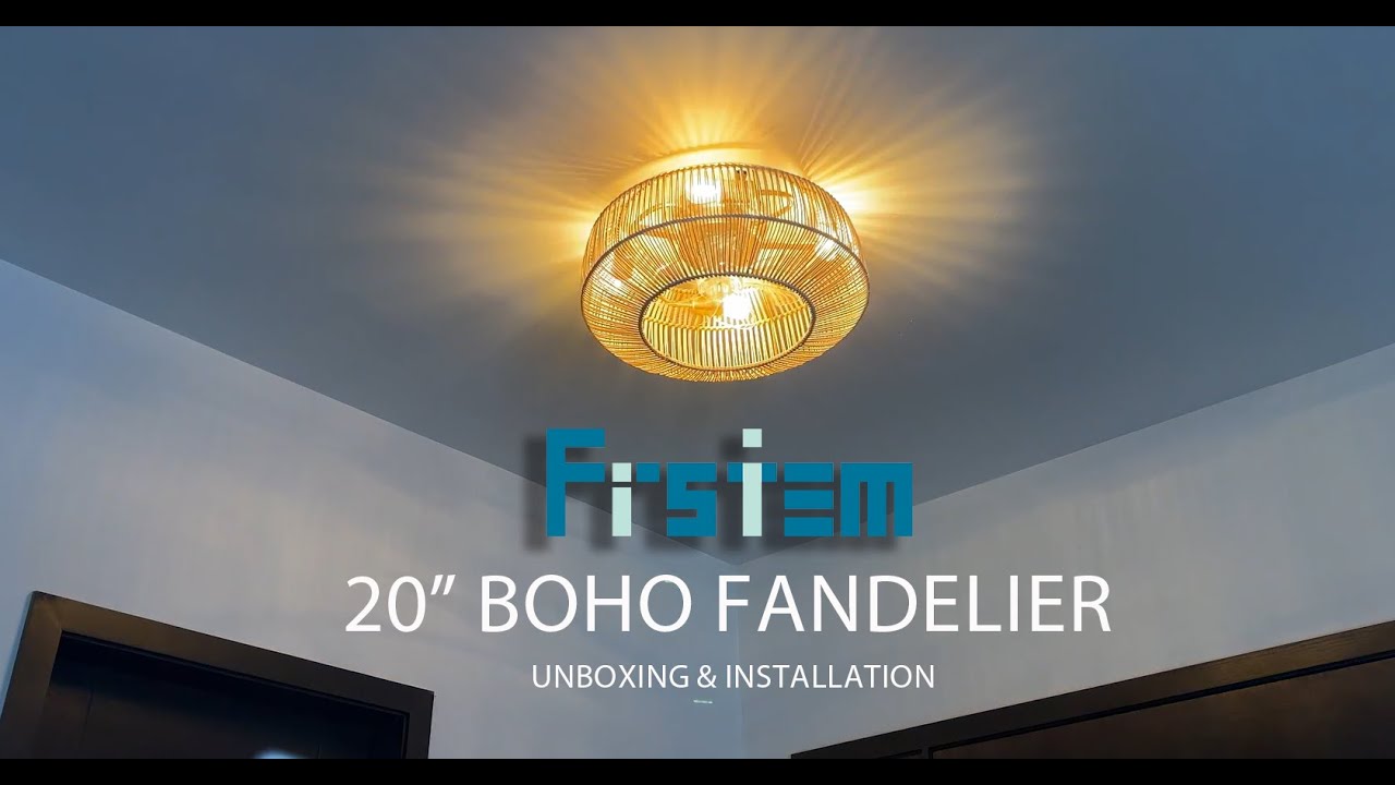 Frstem Boho Fandelier 20" Rattan Caged Flush Mount Ceiling Fan with Lights & Remote Control Kit