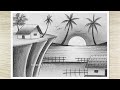 Beautiful sunset scenery drawing with pencil easy pencil drawing for beginners