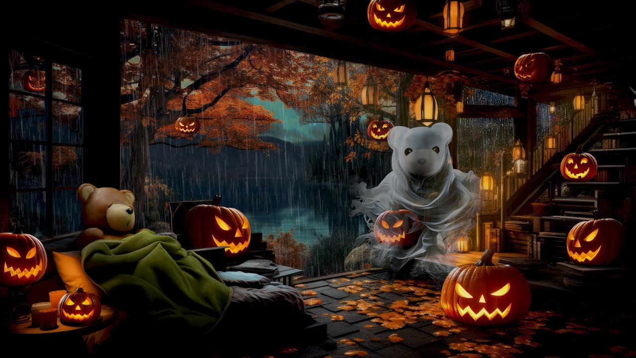 Bear and the Ghost Bear Live in the Same House during the Rain and Thunderstorm at Halloween