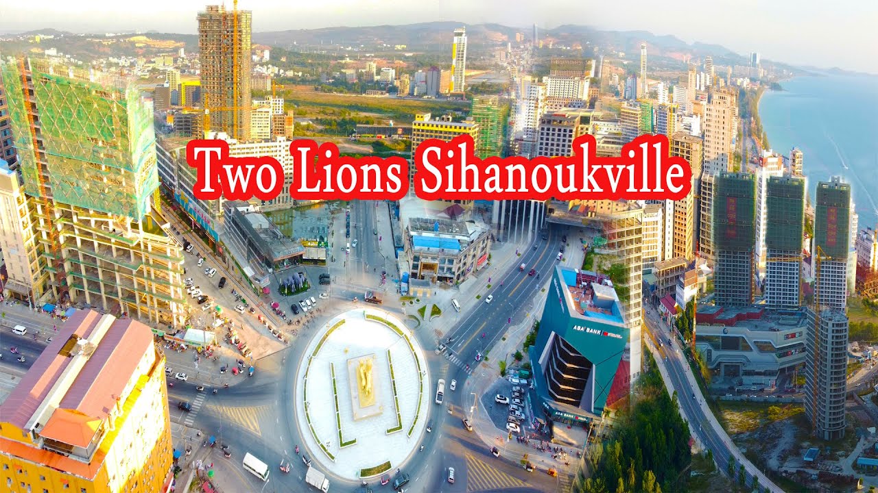 [4K] Drone view of 2 lions roundabout Sihanoukville 2022