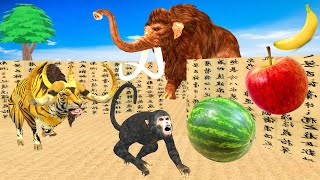 Zombie Tiger Bull Chase Funny Monkey Escape from Watermelon Maze Game | Woolly Mammoth Saves Monkey