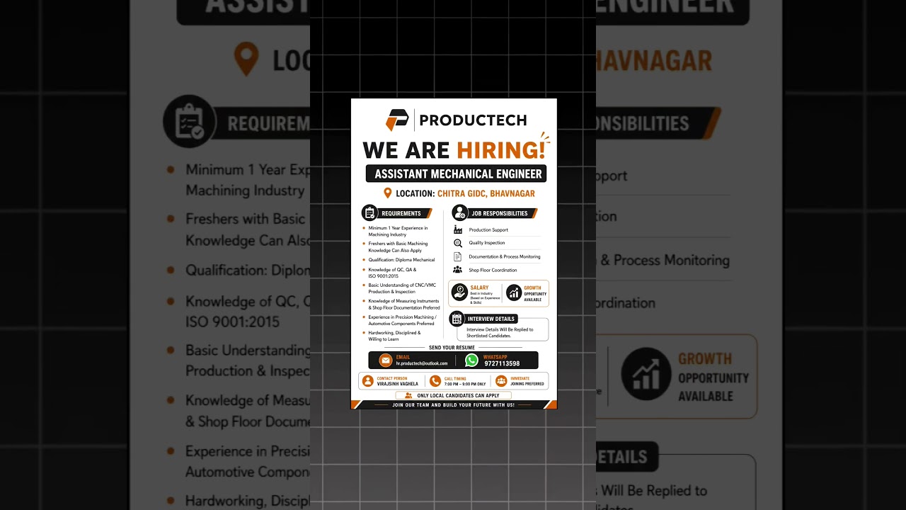 Assistant Mechanical Engineer માહિતી 🏭📍 Location: Chitra GIDC, Bhavnagar