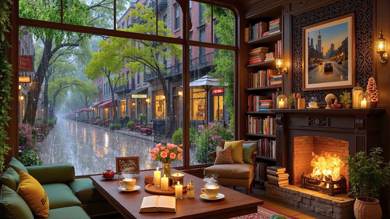 Спокойная дождливая кофейня у окна ☕ Нежная джазовая фортепианная музыка и звуки камина