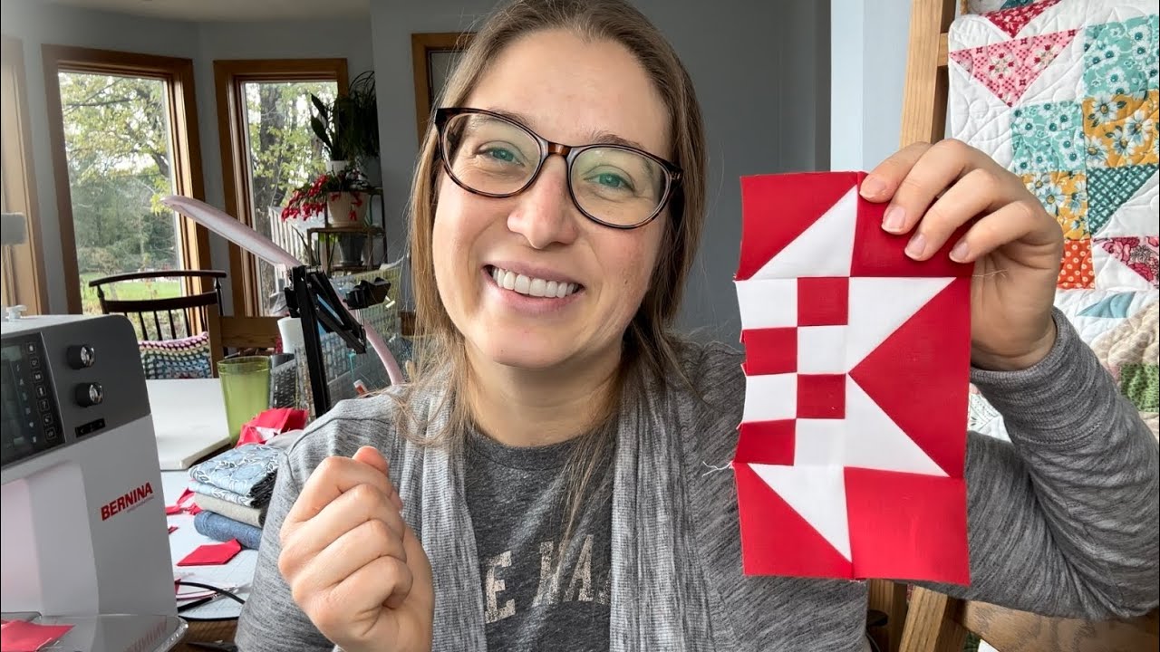 Peppermint Tree Skirt Making a half checkerboard star block, quilted
