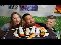 Mukbang  dad vs kids sushi wasabi roulette assorted sushi rolls and salmon and ebi nigiri