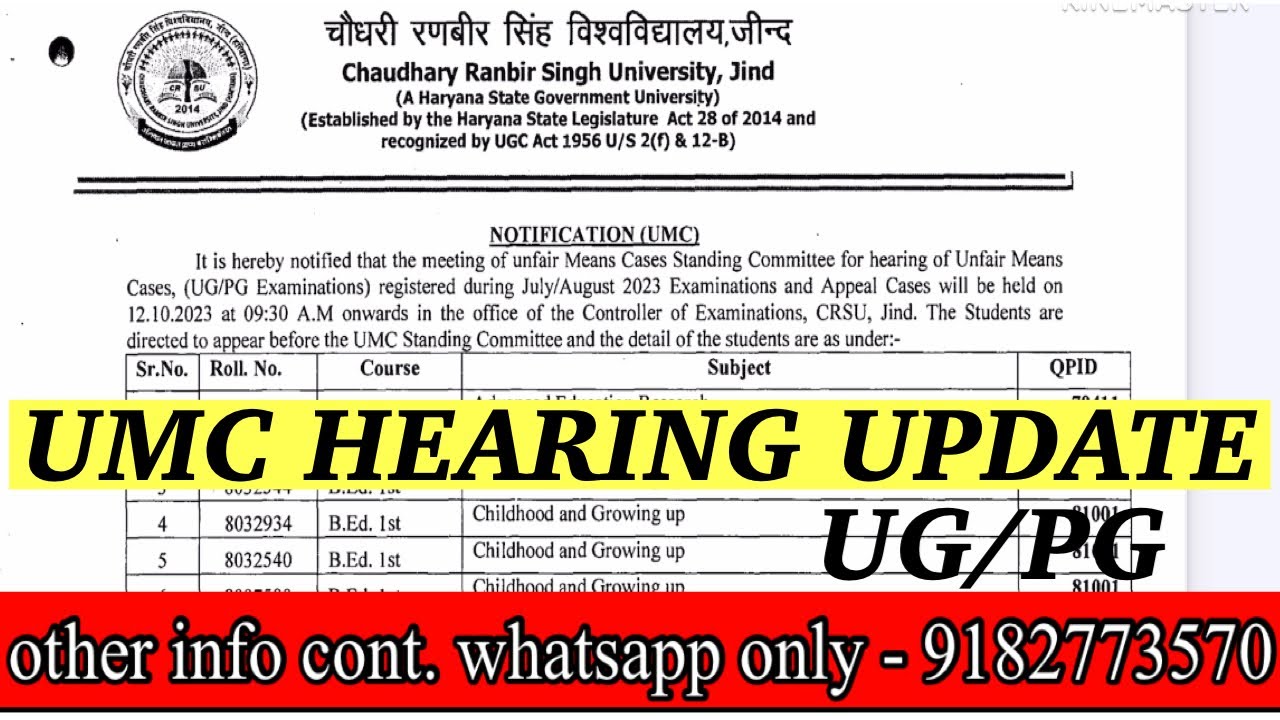 Crsu UMC Hearing update UMC List update