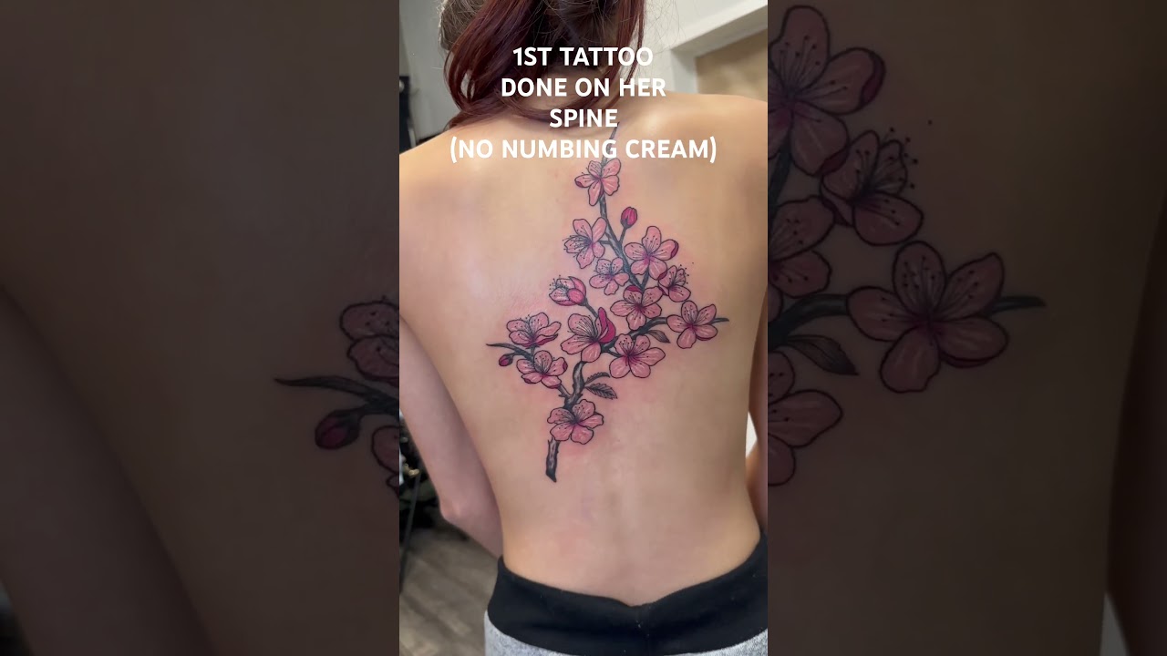 COLORED CHERRY 🍒 BLOSSOMS SPINE TATTOO 