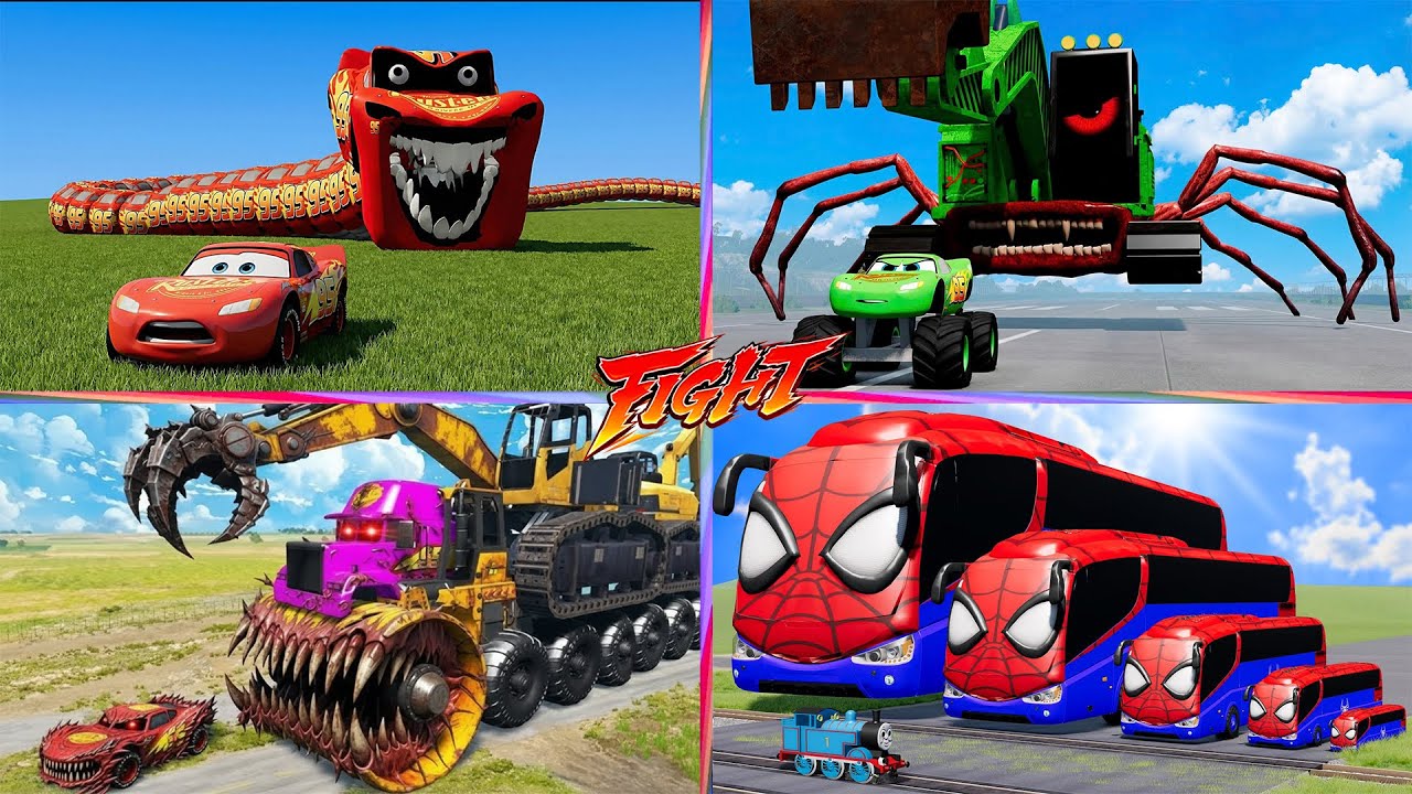 Big & Small Spiderman Car 🆚 Lightning Mcqueen 🆚  MCQUEEN BUS MONSTER - Tiles Hop EDM Rush 🎶 / TIELS