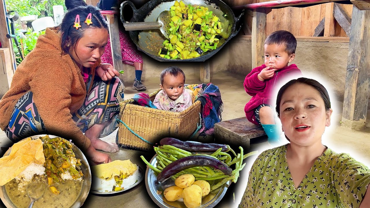 Mix Vegetable Recipe cooking & eating || (Brinjal) Eggplant, Potato & long Beans mix Fry recipe