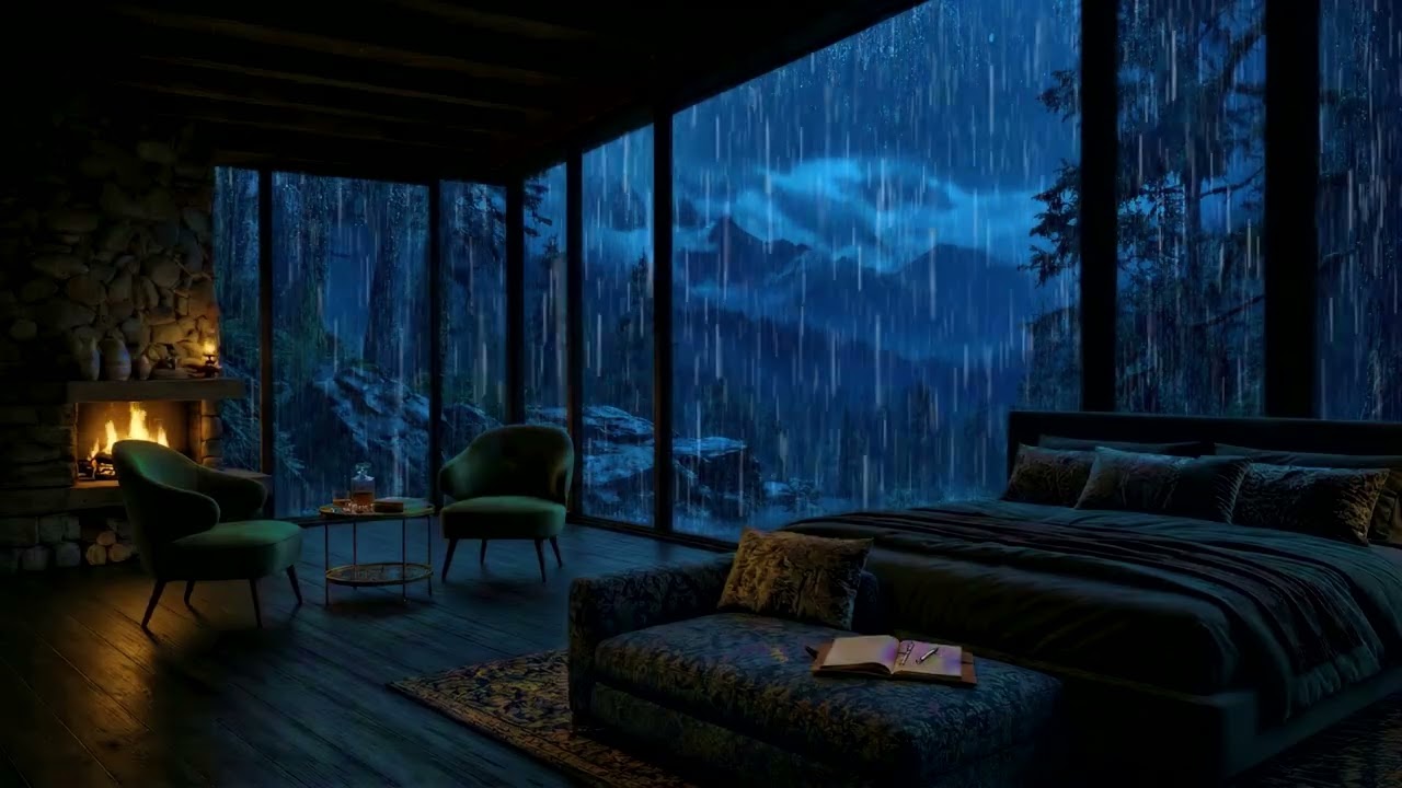 Cozy Bedroom in the Mountains 🌲 Heavy Rain on Window