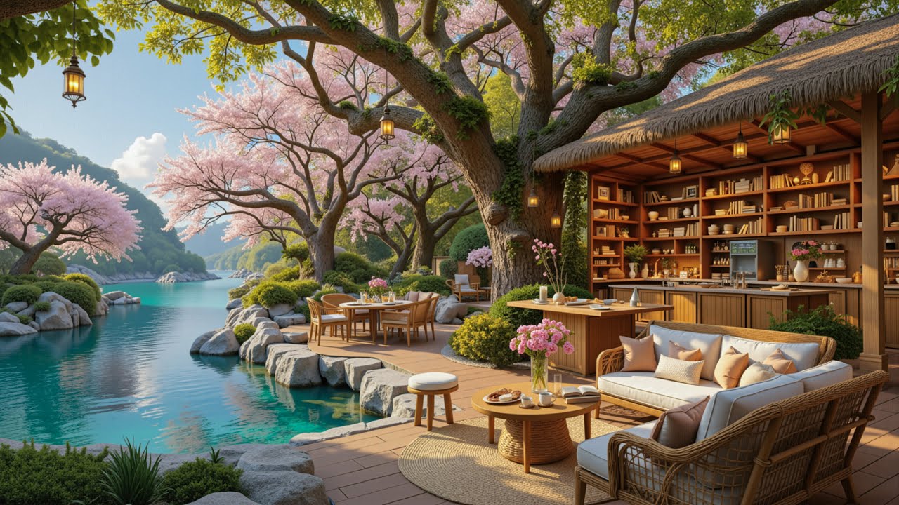 Sunny Morning Spring Jazz Music | Soothing Jazz at a Riverside Café for Calm and Focus