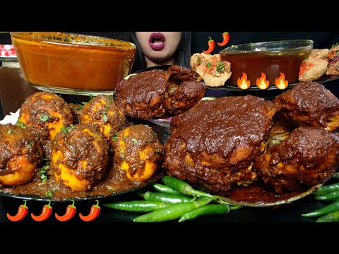 ASMR:EATING SPICY BIG WHOLE CHICKEN DARK CURRY,EGG GHEE ROAST,PANI PURI,RICE,CURRY,CHILLI#hungrygirl