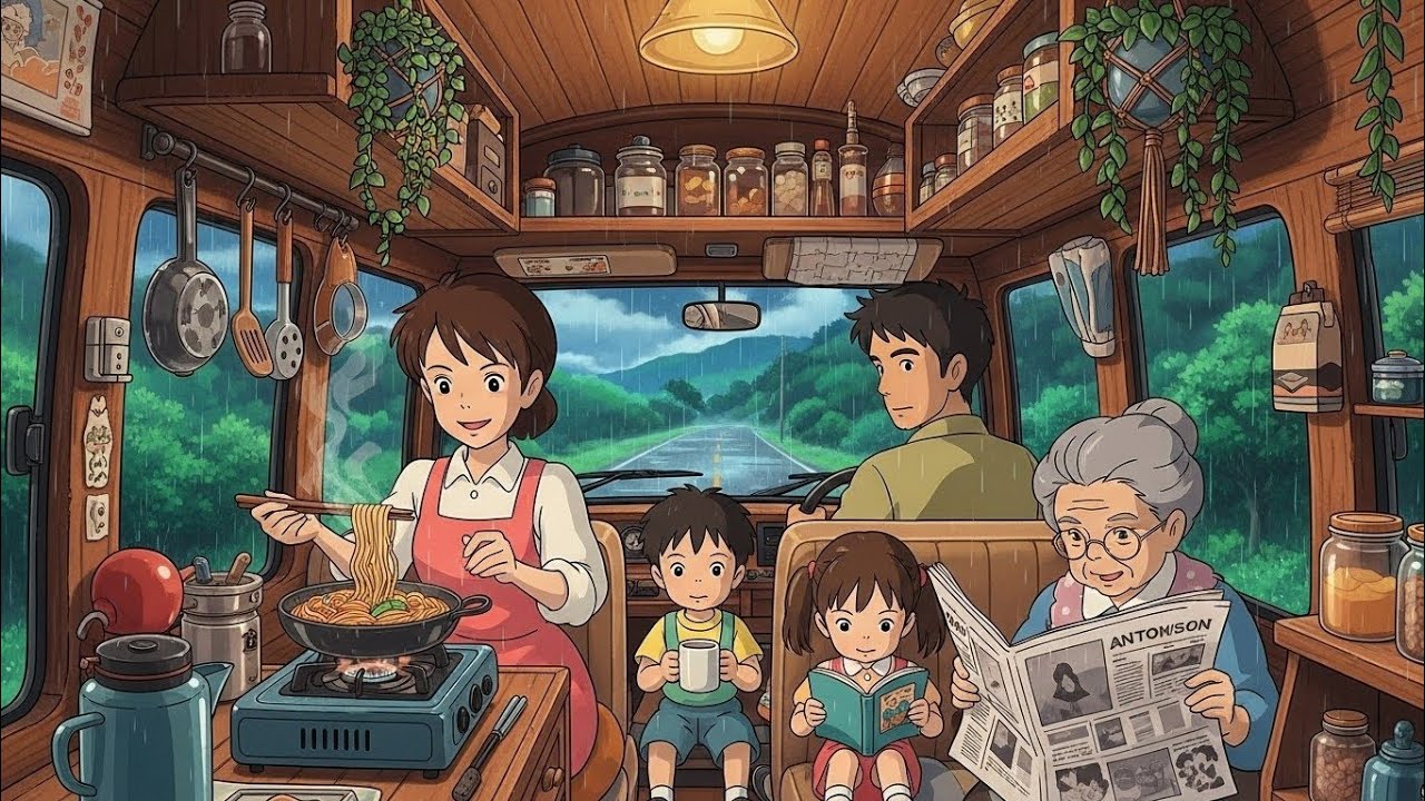Rain Outside, Warm Lights Inside — A Quiet Day in a Forest Home Bus Ghibli animation