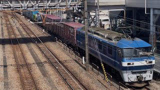JR貨物EF210形0番台14号機（新塗装）＋コキ8両＋赤コキ200形5両＋コキ12両が鶴見駅を通過するシーン（1093レ・岡A2・コンテナ輸送）2025.3.14