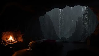 Overcome Stress to Sleep Instantly with Heavy Rainstorm & Bonfire at Night in a Cave Valley Forest