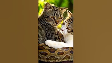 Cat wrapped around python, another cat tries to save the wrapped cat Abundance Meditation, Wealth.