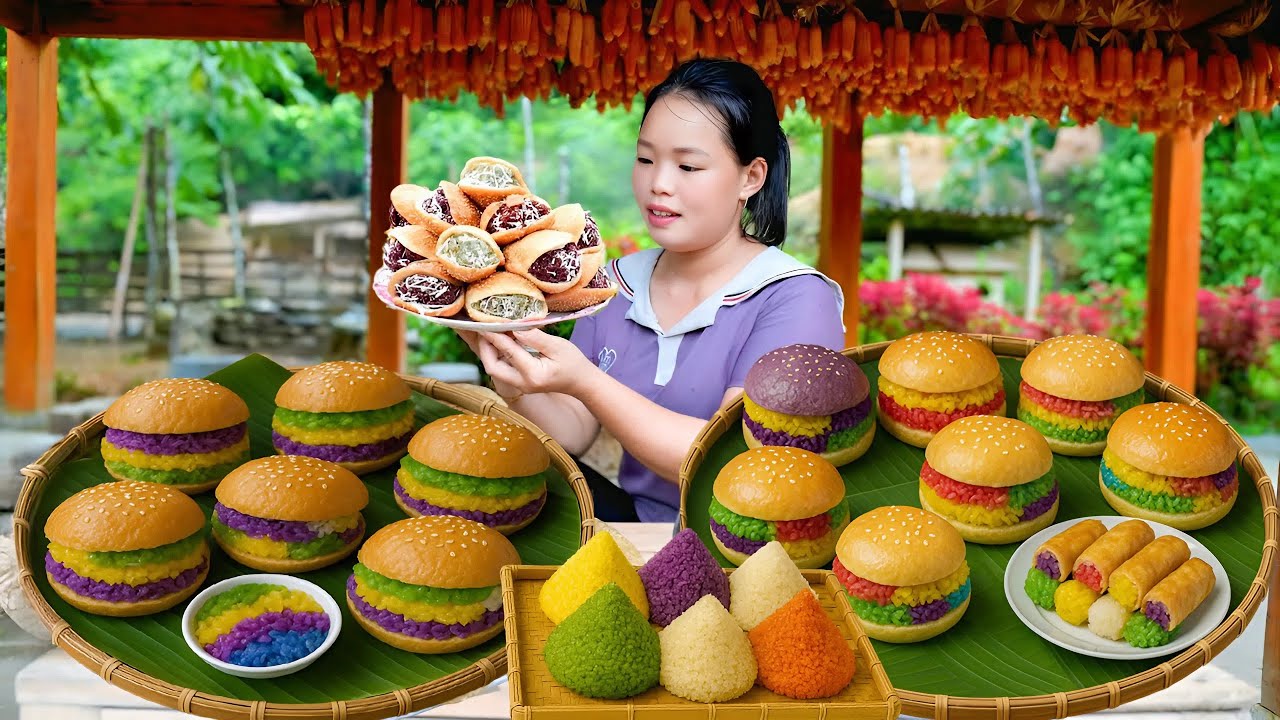 How to Make Hamburger With 5-Color Sticky Rice Filling Sold at the Market | Trieu Mai Huong